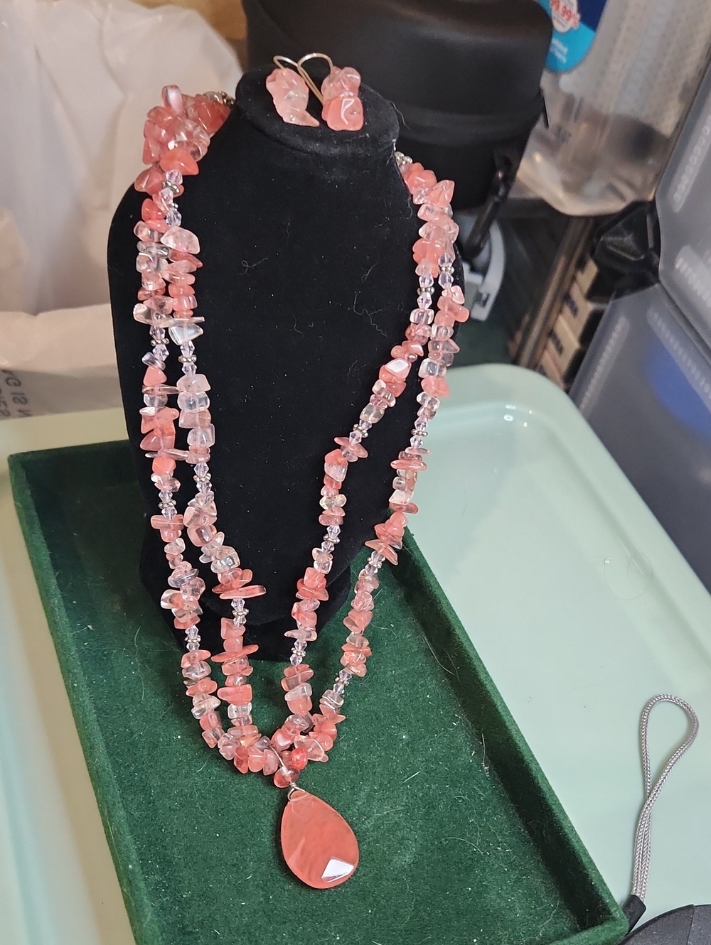 Cherry Quartz Chip Bead Necklace with Teardrop Pendant and Matching Earrings